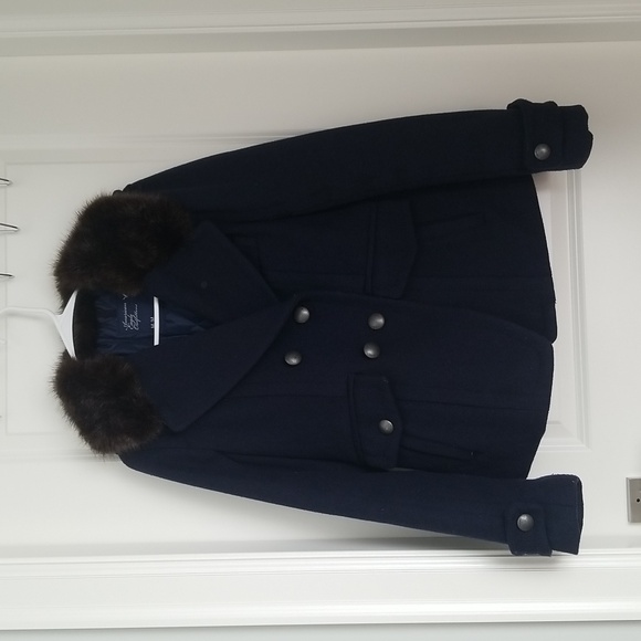 American Eagle Outfitters Navy Fur Collar Short Wool Trench Coat - Picture 1 of 7